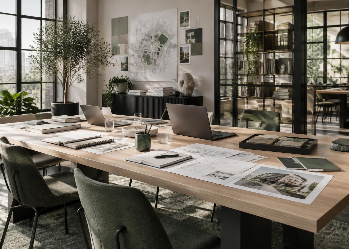 Illustrative shared workspace with laptops and planning materials, not a company office